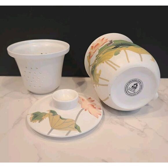 Teavana Porcelain Tea Cup Infuser With Lid Birds & Flower Design - 3 Pieces EUC - Picture 7 of 9